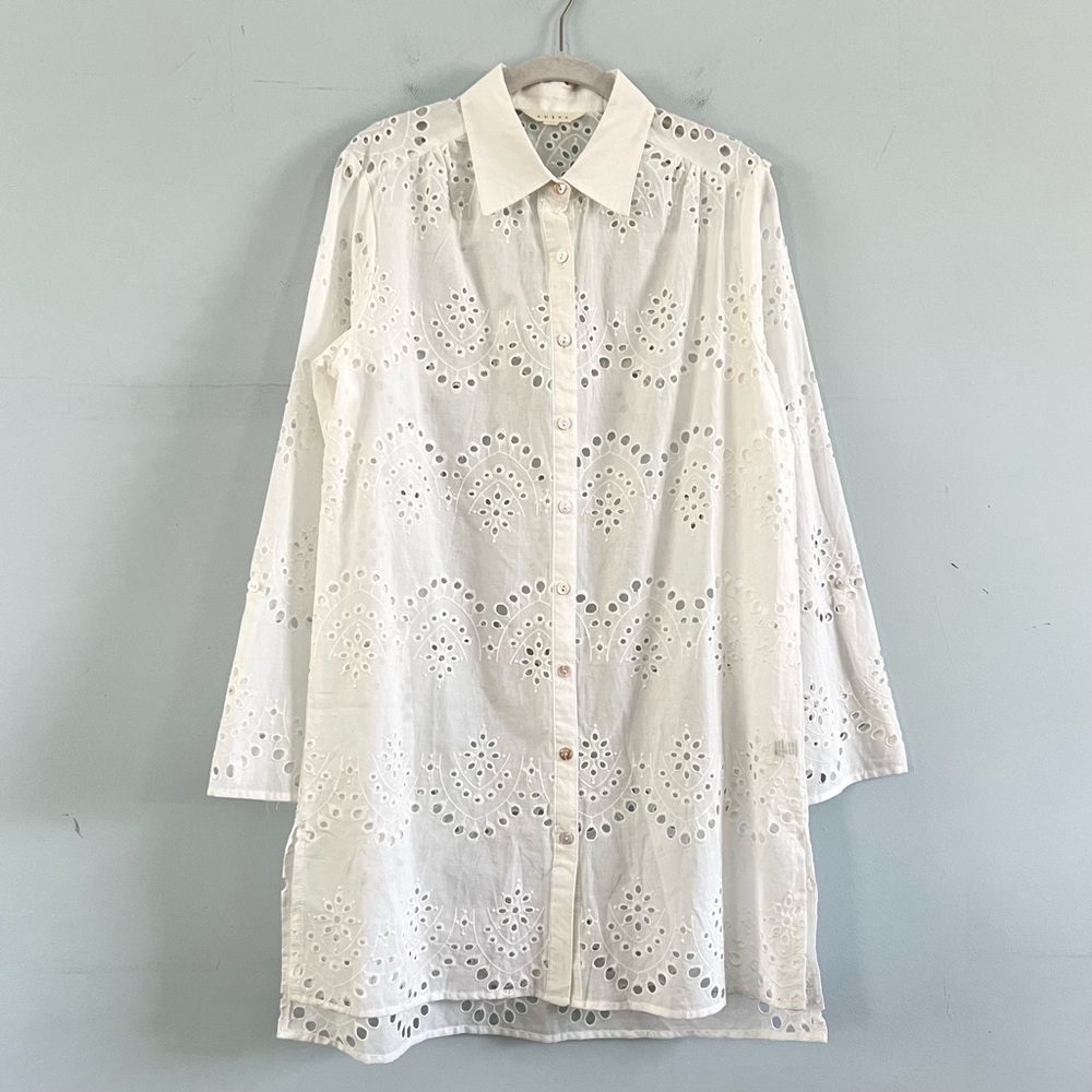 Adiva Eyelet Lace White Button Down Long‎ Sleeve Tunic Blouse